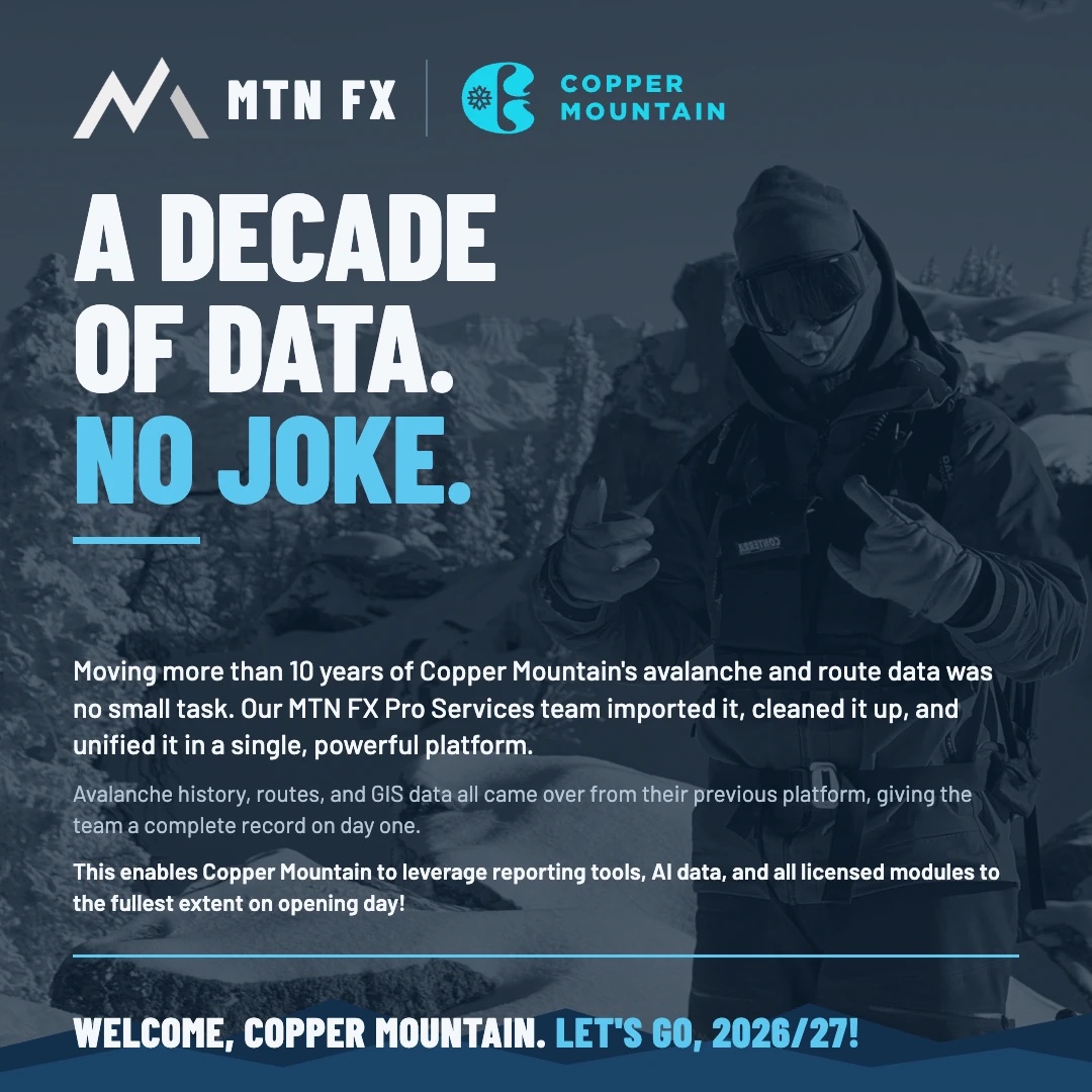 MTN FX and Copper Mountain: A decade of data. No joke. Over 10 years of avalanche and route history imported, cleaned up, and unified on one platform for opening day 2026/27